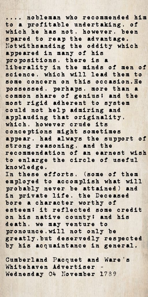 Transcribed obituary excerpt from the Cumberland Pacquet, 4 November 1789, praising the character and intellectual achievements of Joseph Jackson of Gilcrux, who died at Bordeaux while returning from Spain.
