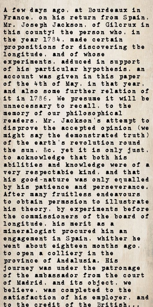 Transcribed obituary excerpt from the Cumberland Pacquet, 4 November 1789, praising the character and intellectual achievements of Joseph Jackson of Gilcrux, who died at Bordeaux while returning from Spain.