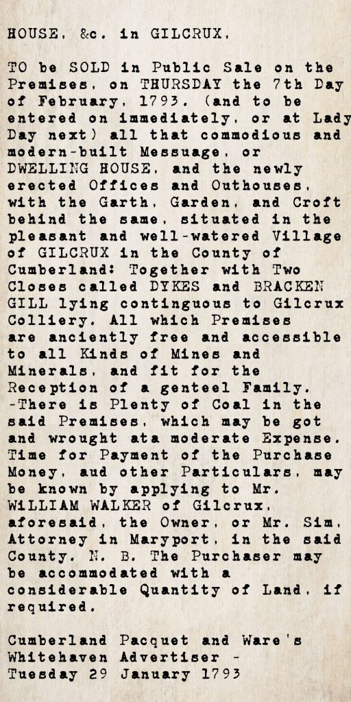 Transcribed auction notice from the Cumberland Pacquet, 29 January 1793, advertising the public sale of an estate at Gilcrux comprising approximately 120 acres and three dwelling houses, with access to coal and lime.